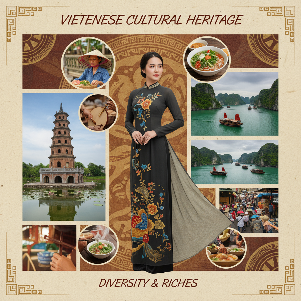 Một tổng hợp các di sản văn hóa phi vật thể và vật thể của Việt Nam như áo dài, chùa Một Cột, vịnh Hạ Long, thể hiện sự đa dạng và giàu có của văn hóa Việt.
