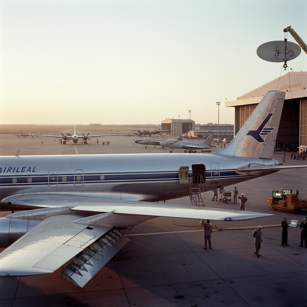 Máy bay phản lực thương mại đầu tiên: Một bức ảnh của chiếc De Havilland Comet, chiếc máy bay phản lực thương mại đầu tiên, đang cất cánh hoặc bay trên bầu trời, thể hiện sự sang trọng và hiện đại của nó vào thời điểm đó.