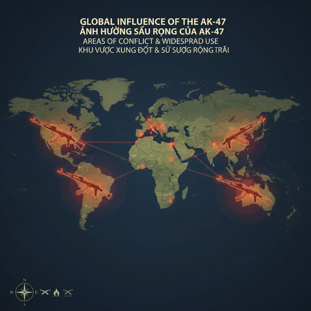 Bản đồ thế giới hoặc hình ảnh tổng hợp cho thấy sự phổ biến của AK-47 trên toàn cầu, với các điểm nhấn ở những khu vực xung đột hoặc sử dụng rộng rãi, thể hiện ảnh hưởng sâu rộng của nó.