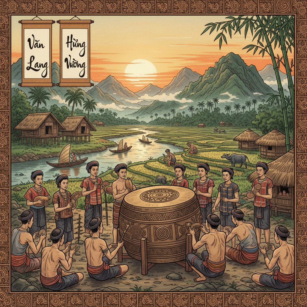Hình ảnh minh họa về các vị vua Hùng hoặc cảnh sinh hoạt của người Việt cổ, với những chi tiết về văn hóa Đông Sơn, trống đồng, thể hiện cội nguồn dân tộc.