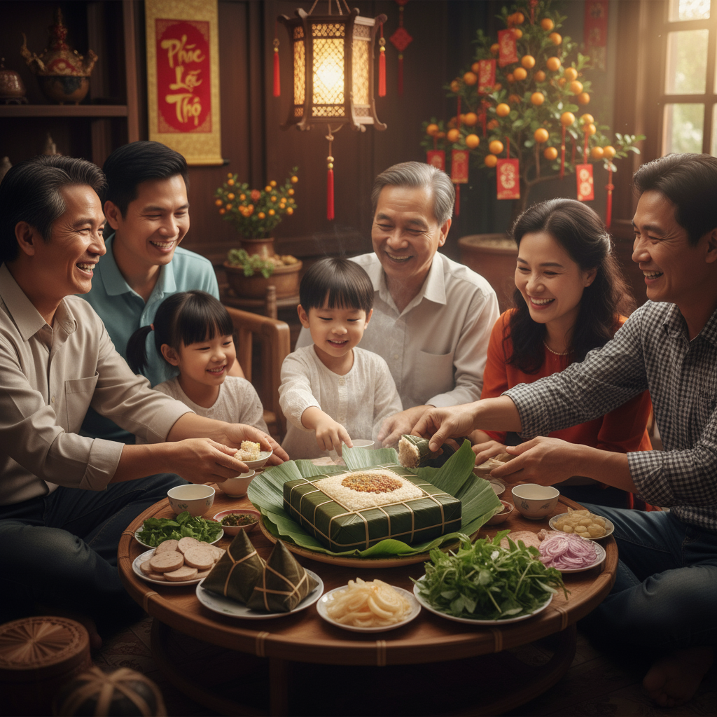 Vietnamese family celebrating Tet with Banh Chung