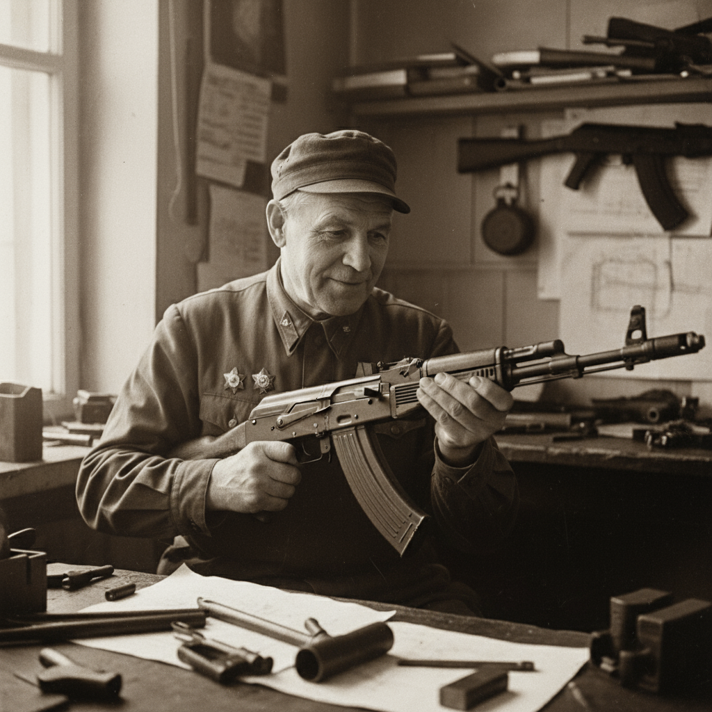 Chân dung Mikhail Kalashnikov, người cha đẻ của AK-47, đang kiểm tra hoặc cầm một khẩu súng, thể hiện sự tận tâm và tài năng của ông.
