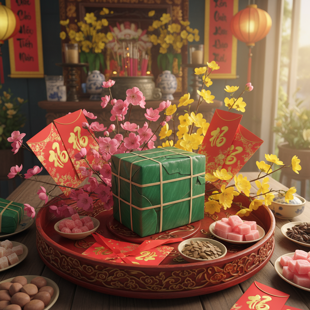 Bánh Chưng on Tet feast tray with peach blossoms and red envelopes