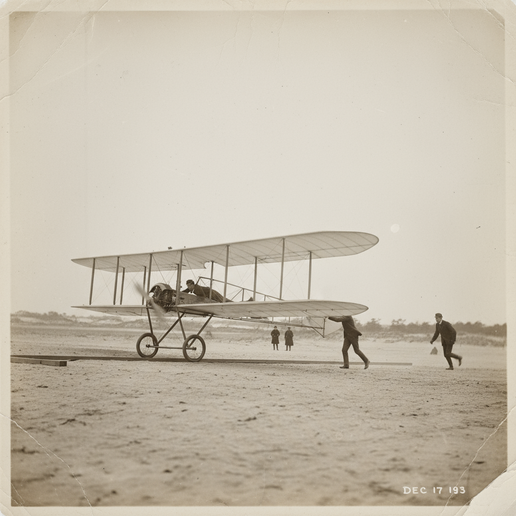 Anh em nhà Wright và chiếc Flyer: Một bức ảnh đen trắng hoặc minh họa rõ nét về anh em nhà Wright (Orville hoặc Wilbur) đang thực hiện chuyến bay lịch sử với chiếc máy bay Flyer của họ tại Kill Devil Hills, North Carolina vào ngày 17 tháng 12 năm 1903. Có thể thấy rõ cấu trúc cánh kép và động cơ đơn giản.