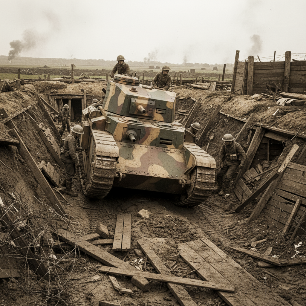 Xe tăng Mark I hoặc Renault FT-17 hoạt động trên chiến trường Thế chiến I