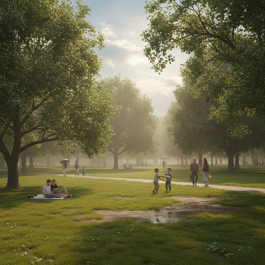 A pleasant, warm and humid day with a cloudy sky, partial sunlight filtering through, creating a cool and comfortable atmosphere. The scene should convey a sense of gentle activity or relaxation. Focus on soft lighting and diffused shadows.