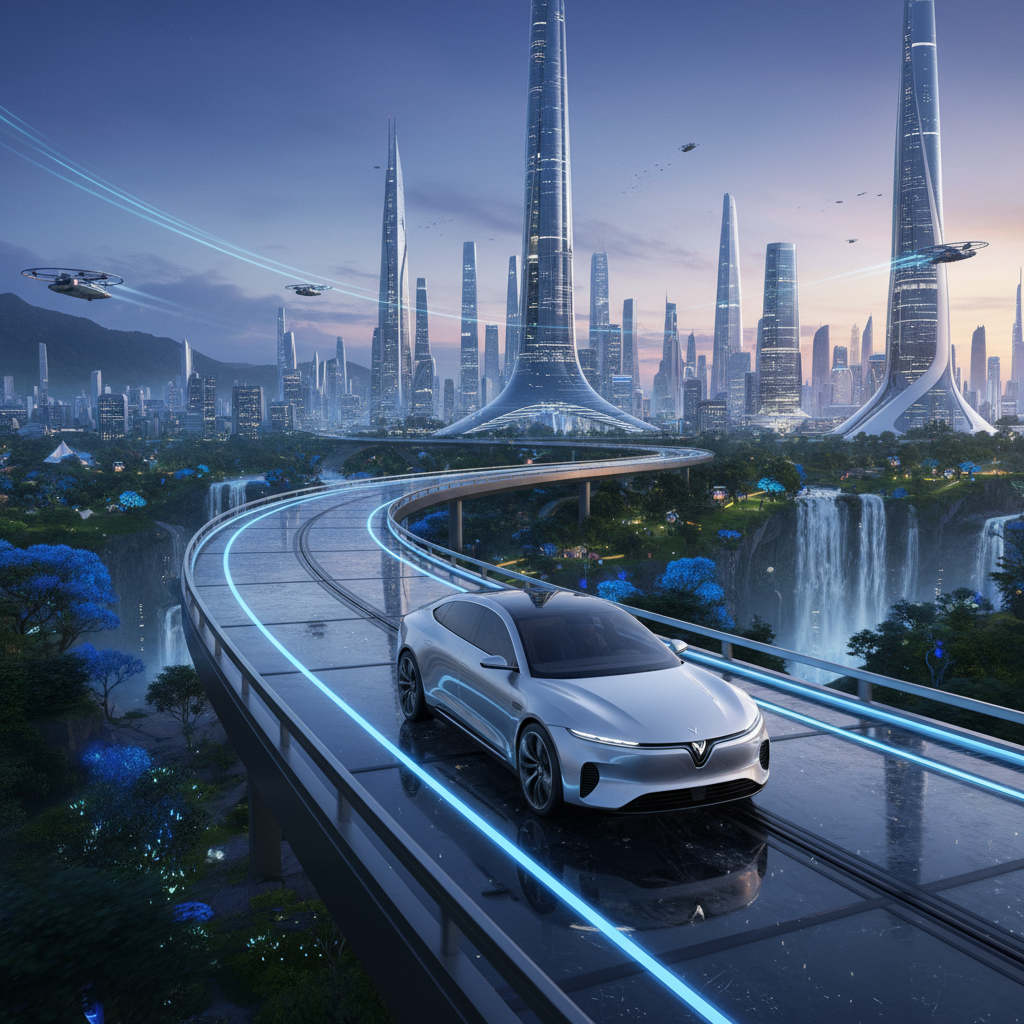 ô tô điện hiện đại, sang trọng di chuyển trên con đường đẹp với phong cảnh đô thị hoặc thiên nhiên