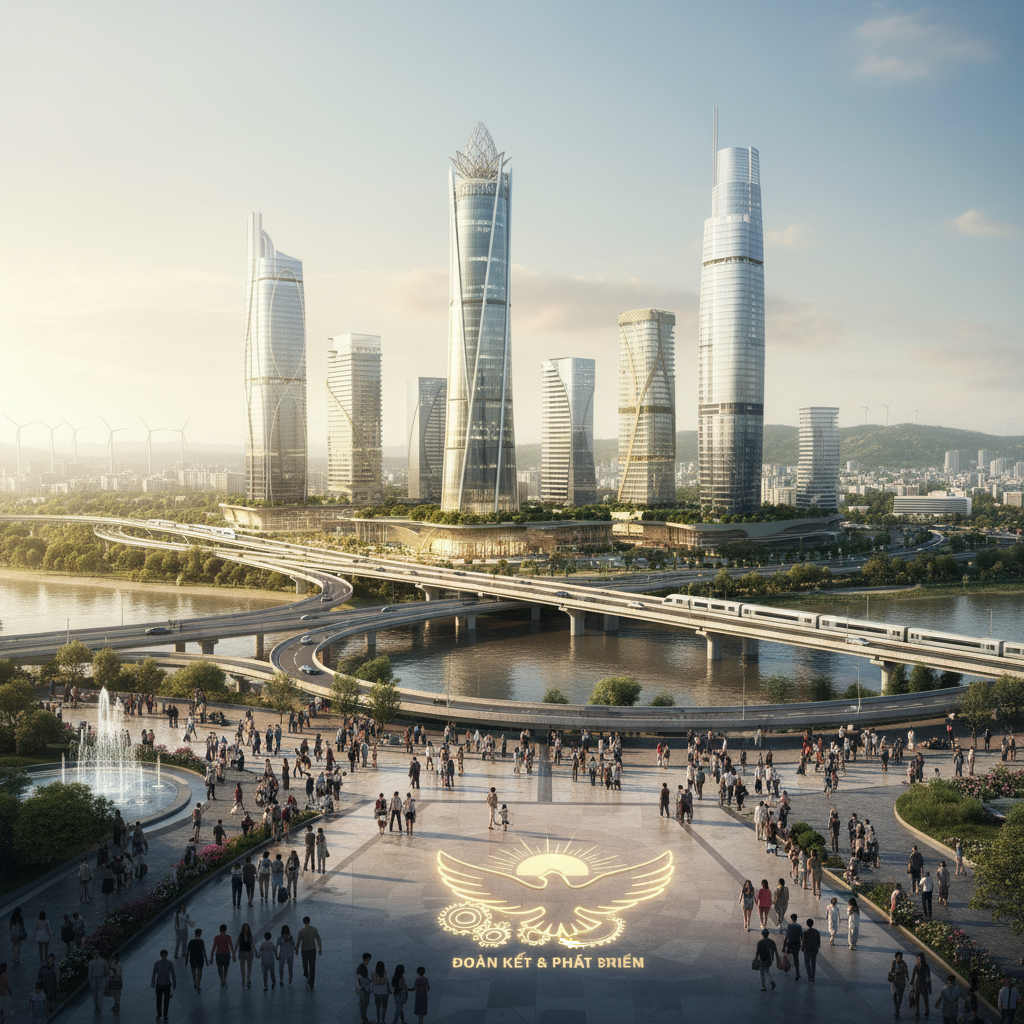 Hình ảnh biểu tượng về sự thống nhất và phát triển của Việt Nam sau chiến tranh, có thể là cảnh đô thị hiện đại hoặc các công trình kiến trúc mới, thể hiện sự vươn lên.