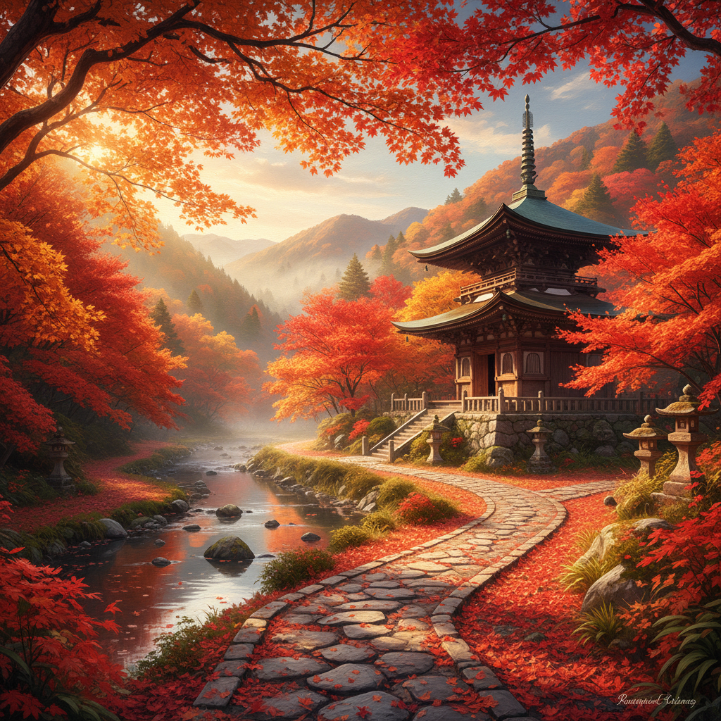 Cảnh lá đỏ mùa thu Nhật Bản