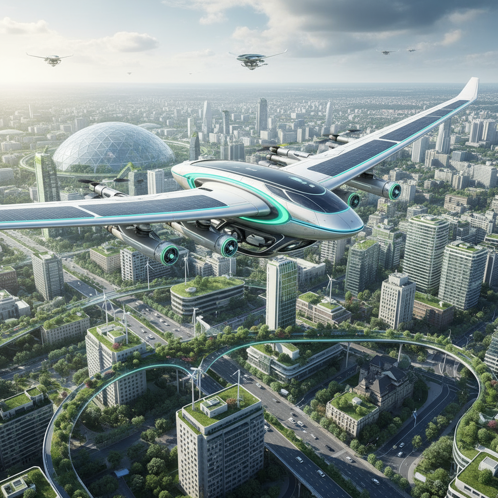 Máy bay không người lái hoặc máy bay điện tương lai: Một hình ảnh minh họa về một máy bay không người lái (drone) hiện đại đang bay trên một thành phố, hoặc một concept máy bay điện/hybrid với thiết kế futuristic, thể hiện sự đổi mới và hướng tới tương lai xanh của ngành hàng không.