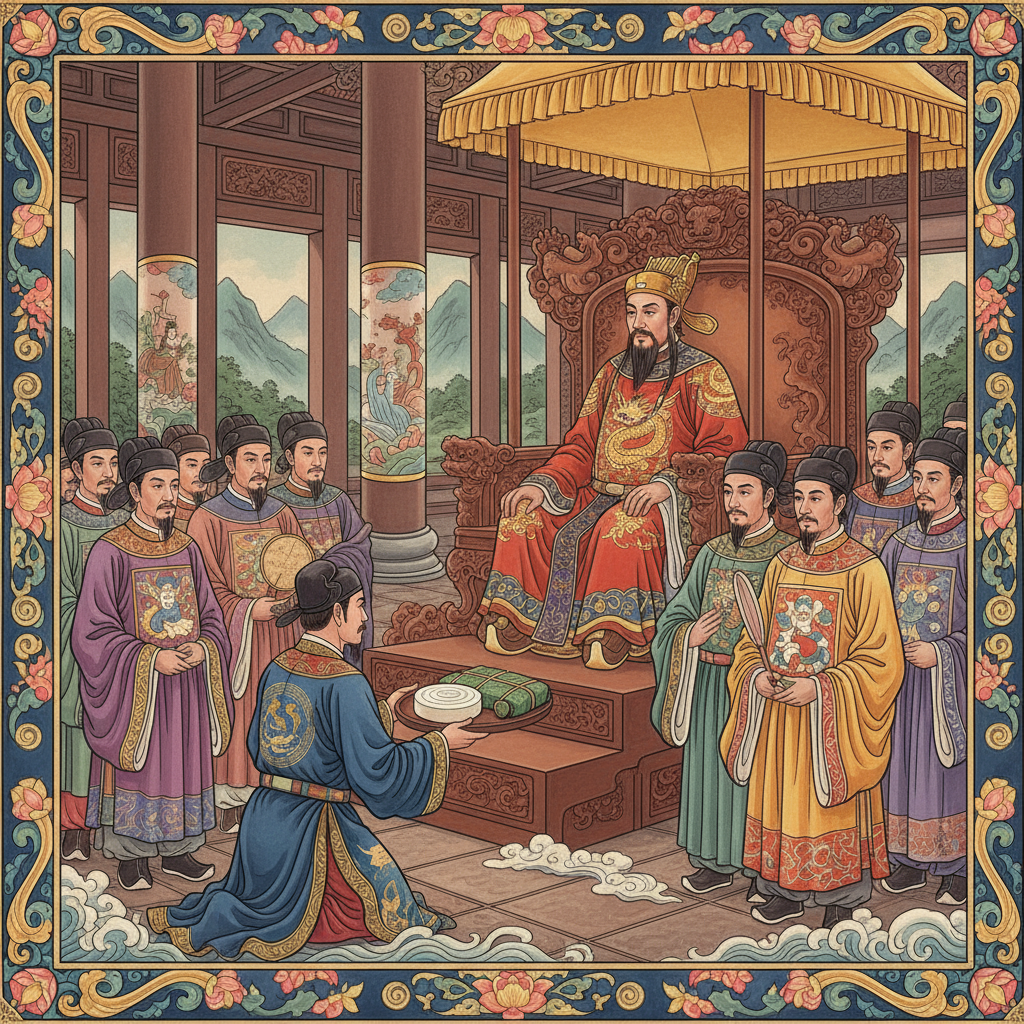 Vua Hùng và Lang Liêu dâng bánh