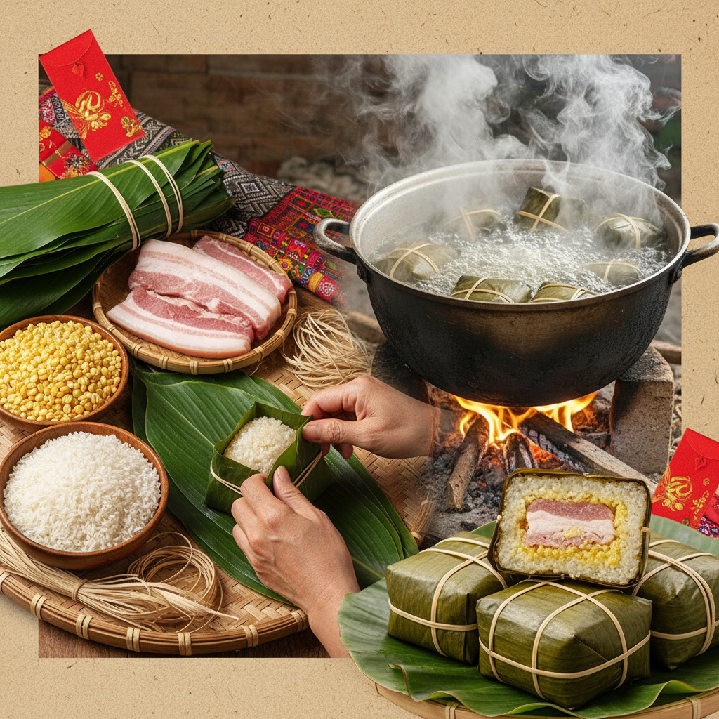 A realistic collage or scene depicting the process of making Banh Chung, including: fresh ingredients like sticky rice, green beans, pork belly, dong leaves, and lạt giang neatly arranged; hands carefully wrapping the Banh Chung; a large pot boiling with Banh Chung, steam rising; and perfectly pressed, finished Banh Chung cakes. The overall style should be traditional and inviting.